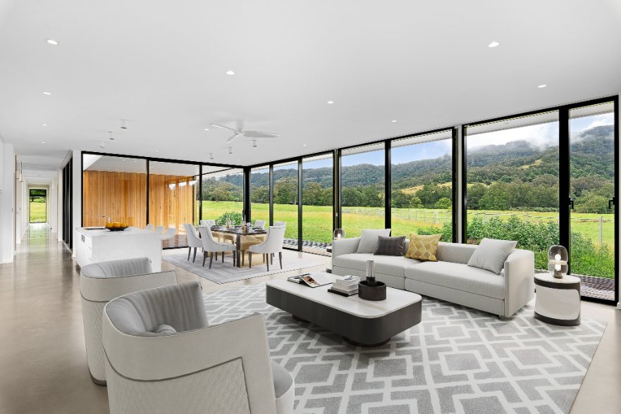 Beautiful home living room with views of Wollongong nature