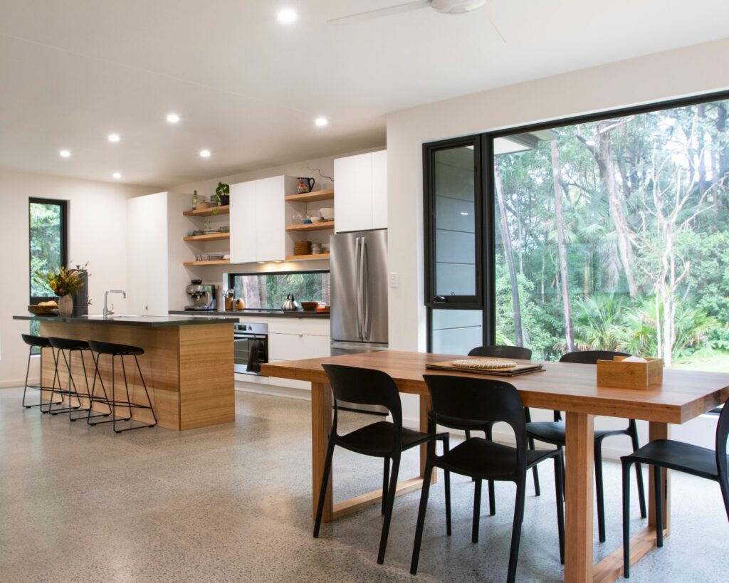 modern and stylish living area with tile floors